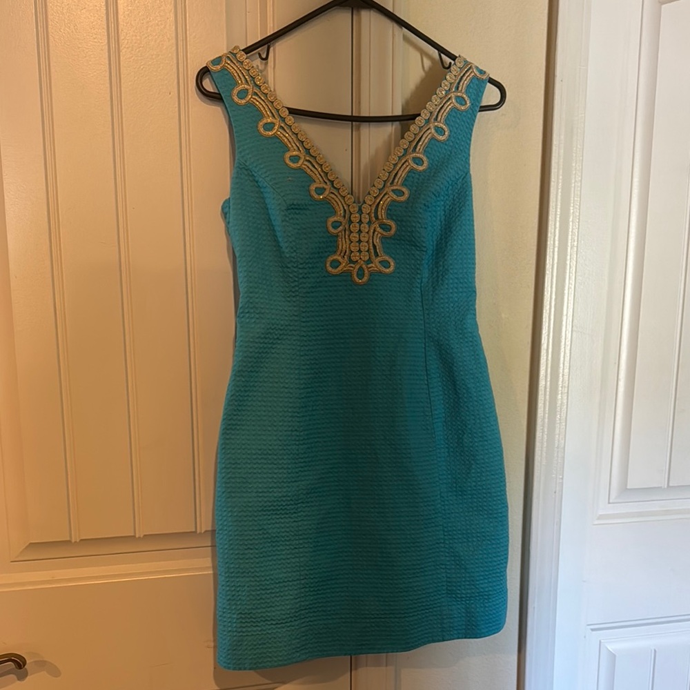 Blue and Gold Embellished Mini Sheath Dress
